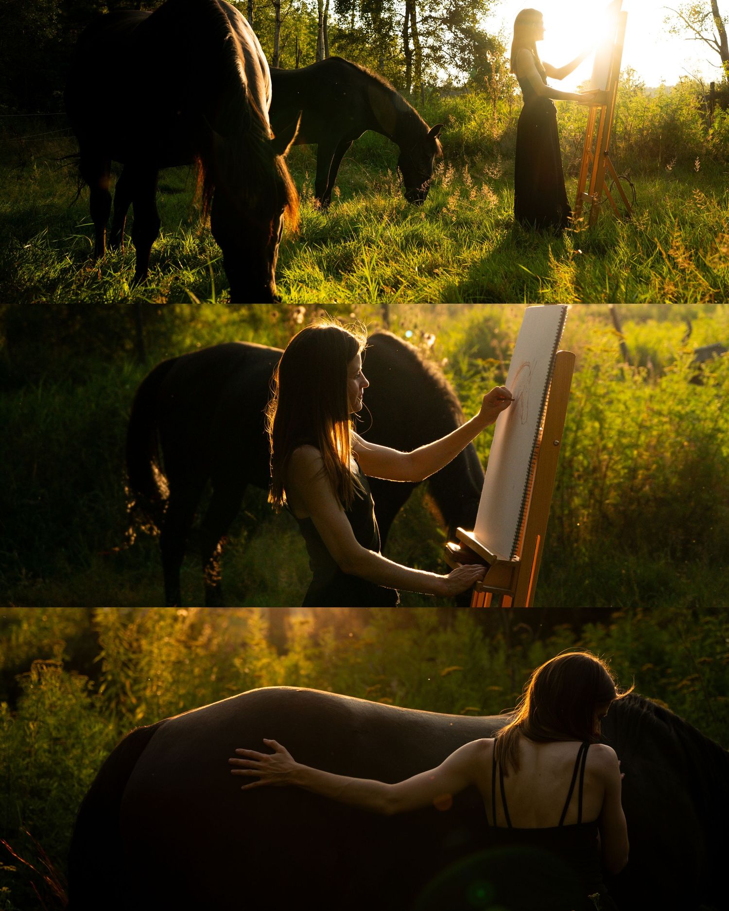 Artist painting on canvas outdoors during golden sunset hour with dramatic backlighting through trees.