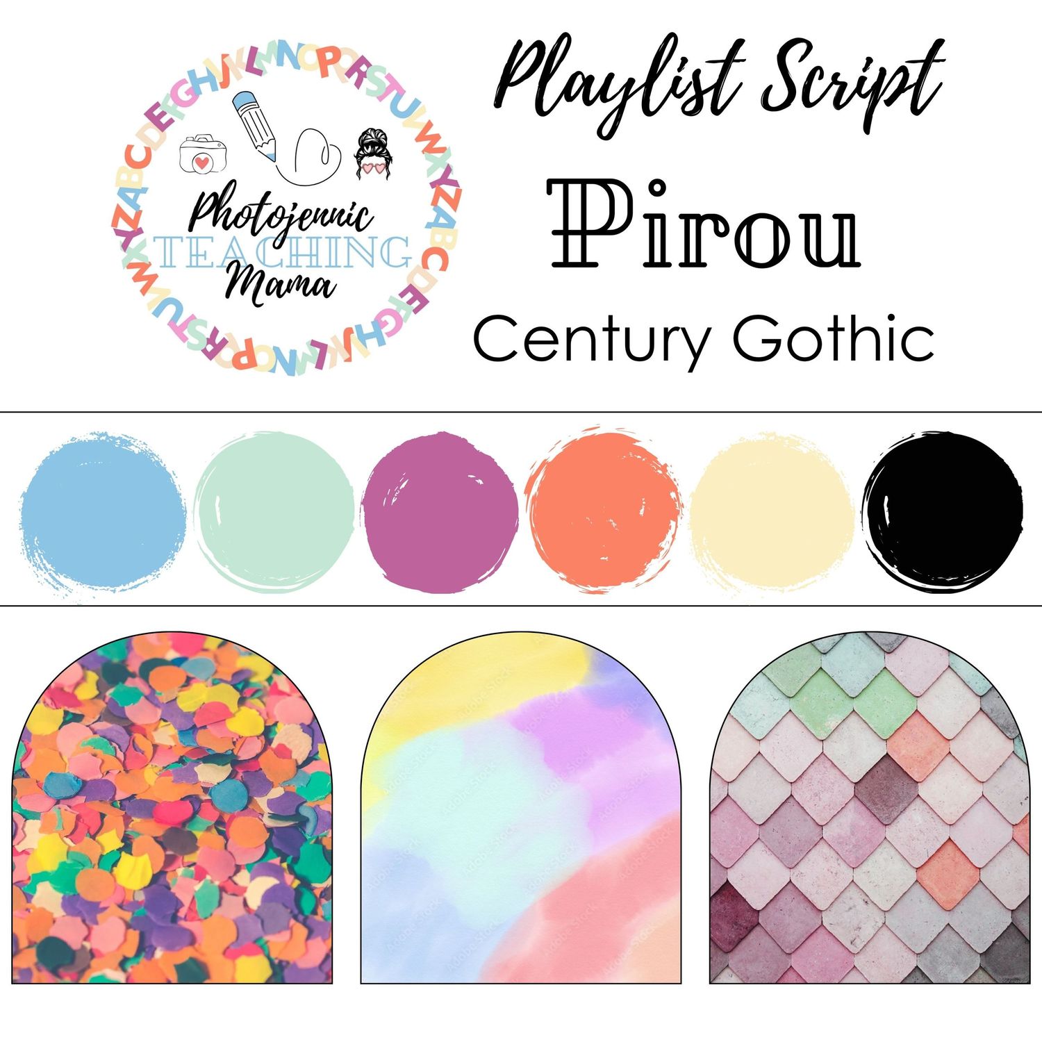 Playlist Script Pirou Century Gothic font showcase with colorful swatches and patterned arch backgrounds in pastel tones.