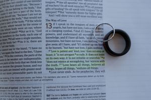 Two wedding bands resting on open Bible displaying 1 Corinthians 13 love passage.