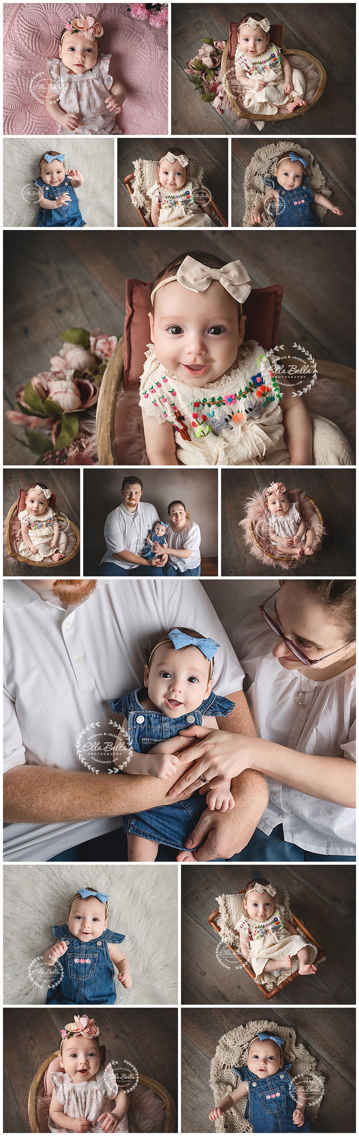 Adorable baby girl in floral outfits poses alone and with parents in a professional photo collage session.