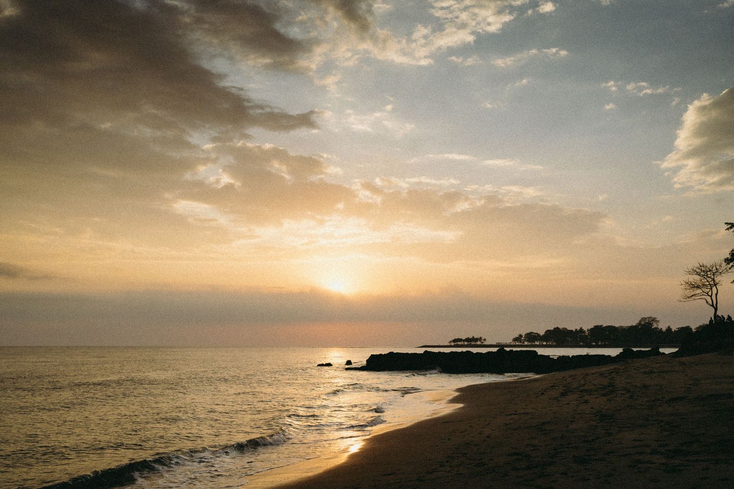 Golden sunset over a calm tropical beach with sandy shore, gentle waves, and silhouetted trees under a cloudy sky.