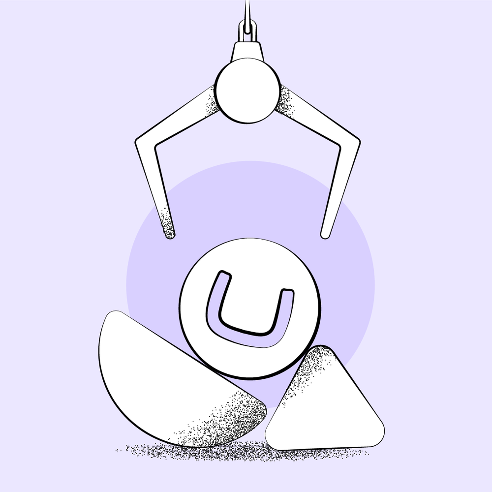 A claw machine grabbing a circular token with a horseshoe symbol, surrounded by geometric shapes on a purple background.