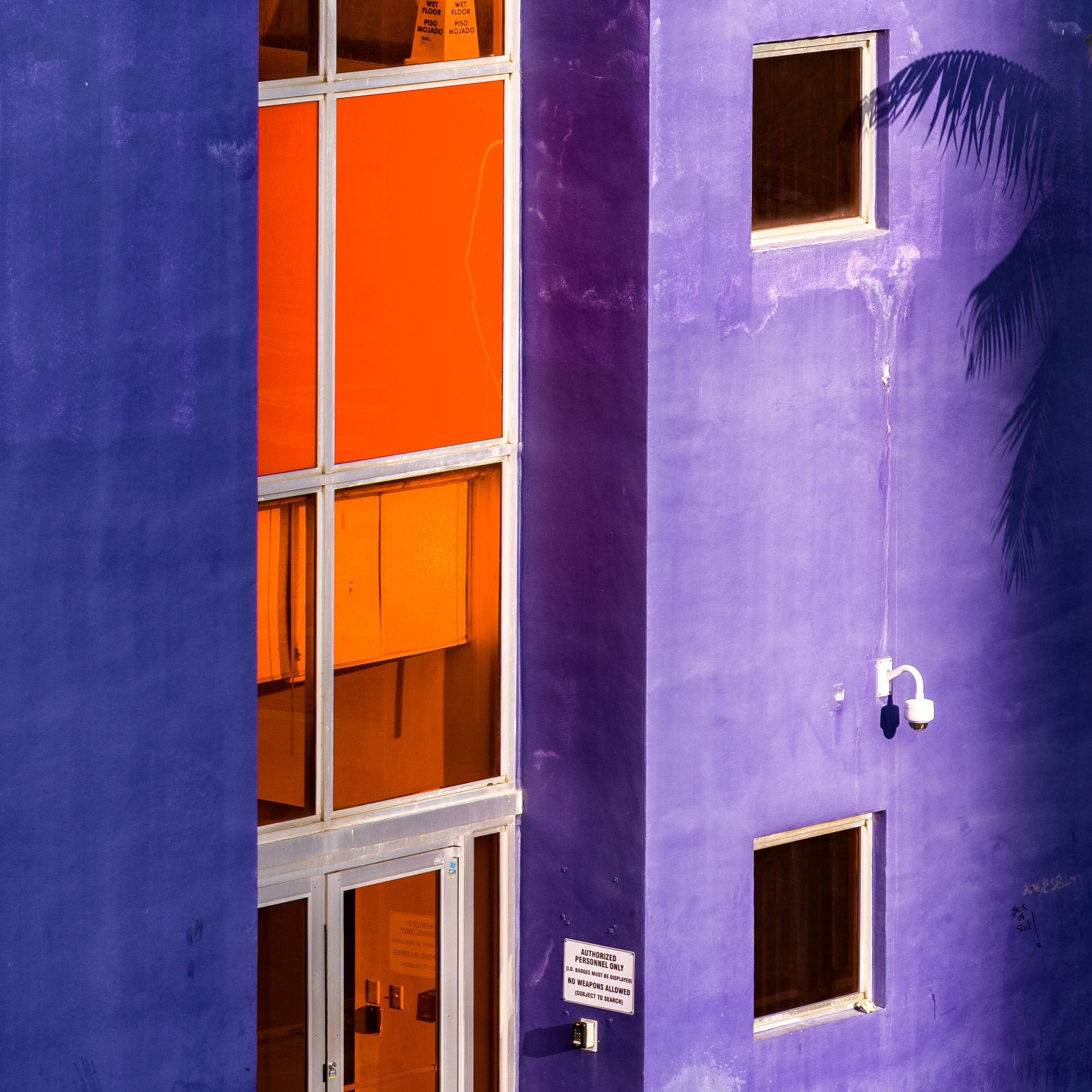 Colourful architectural photo of a purple building facade with an orange window