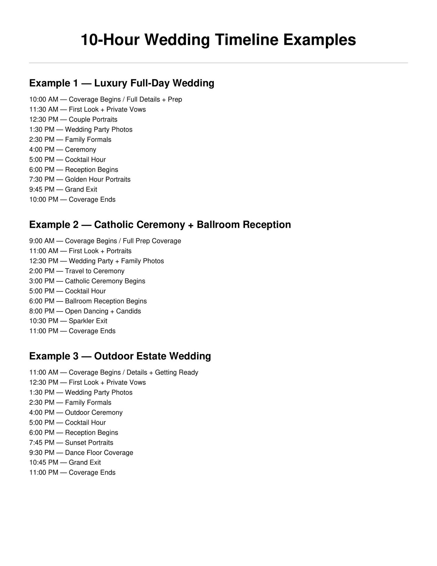 A detailed 10-hour wedding timeline examples chart showing schedules for luxury, Catholic, and outdoor estate weddings.
