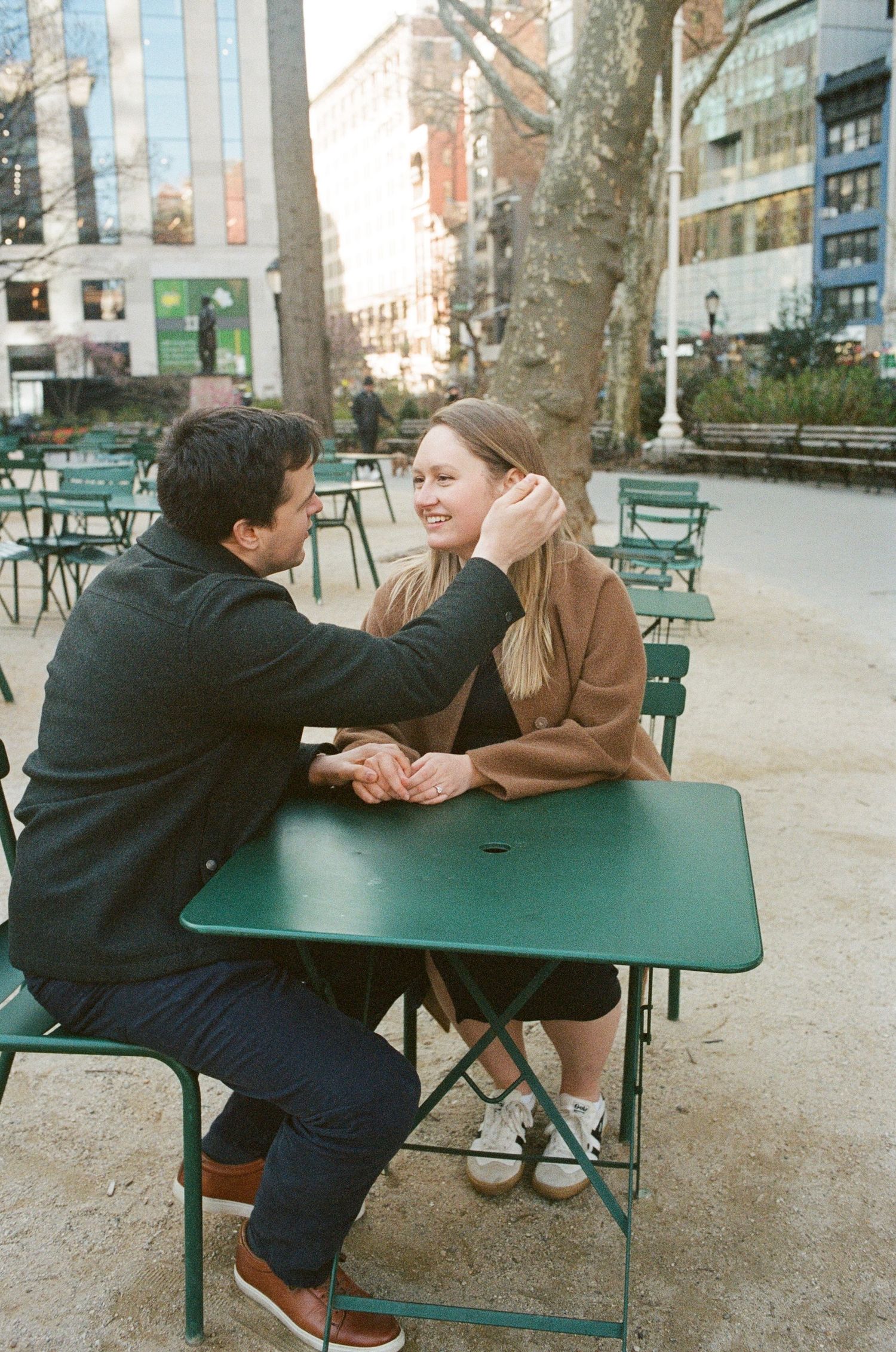 outdoor couples session on 35mm film in NYC with golden hour light and movement