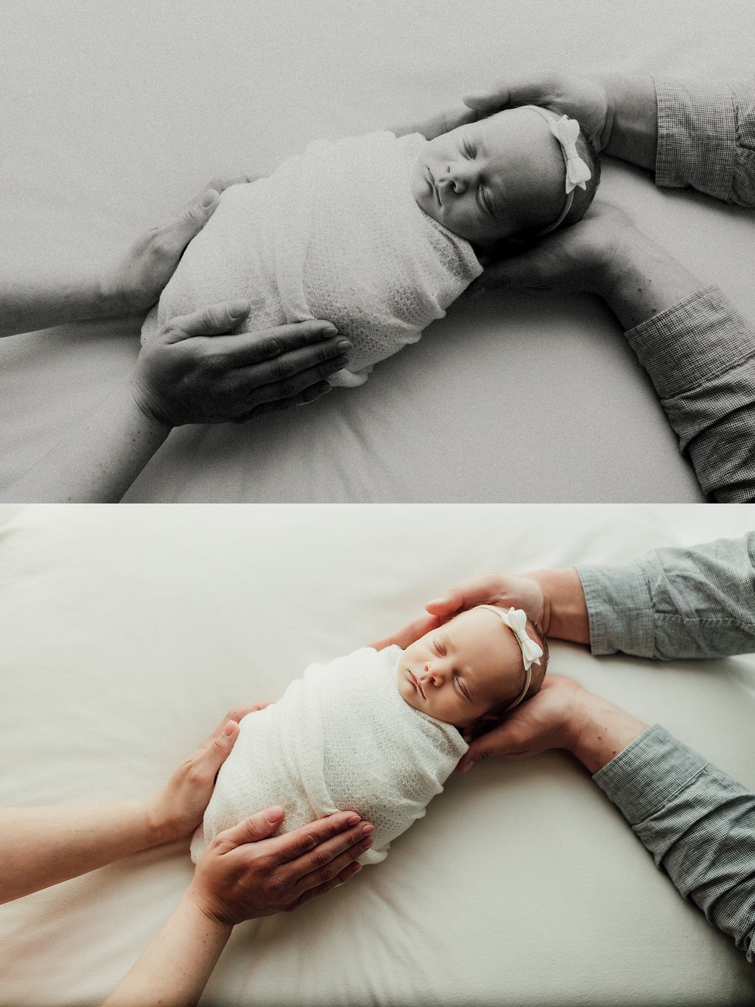 Newborn baby swaddled in white wrap with floral headband, cradled by parents hands, shown in black and white and color.