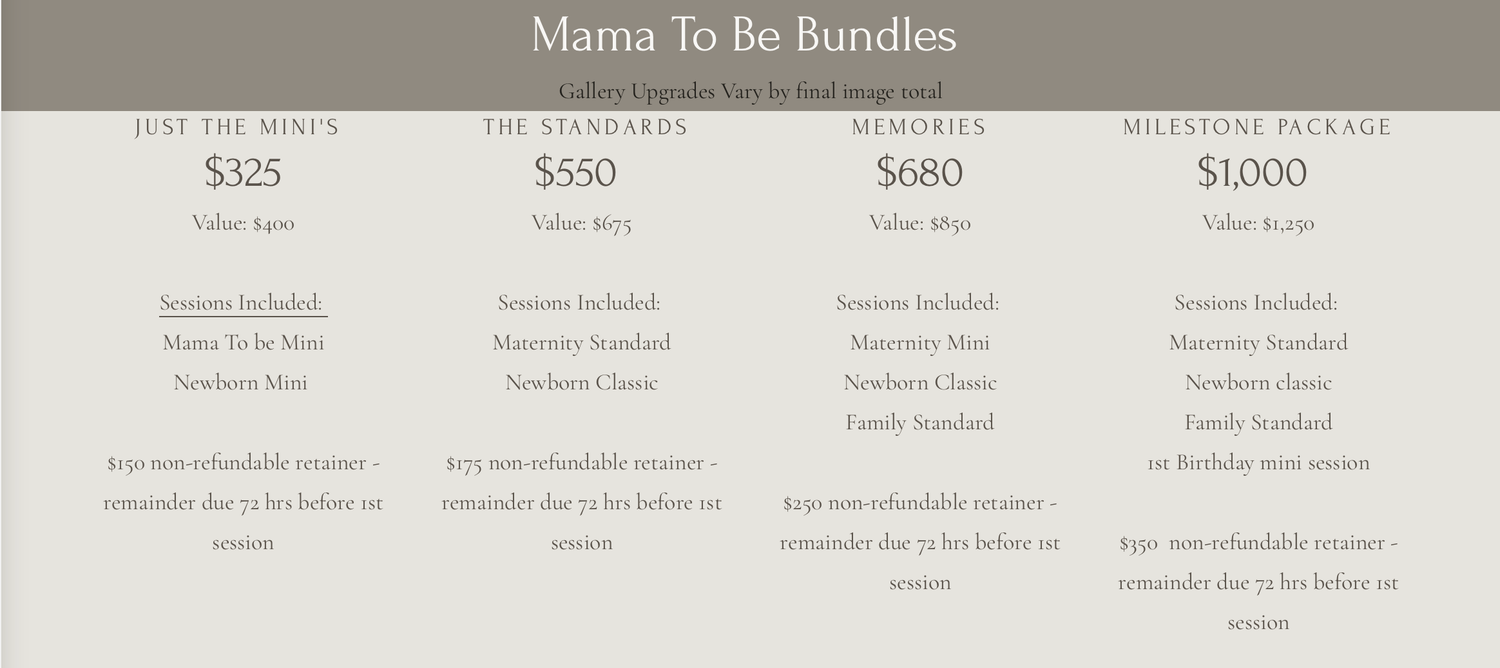 Mama To Be Bundles pricing packages ranging from $325 to $1000 for maternity and newborn photography sessions.
