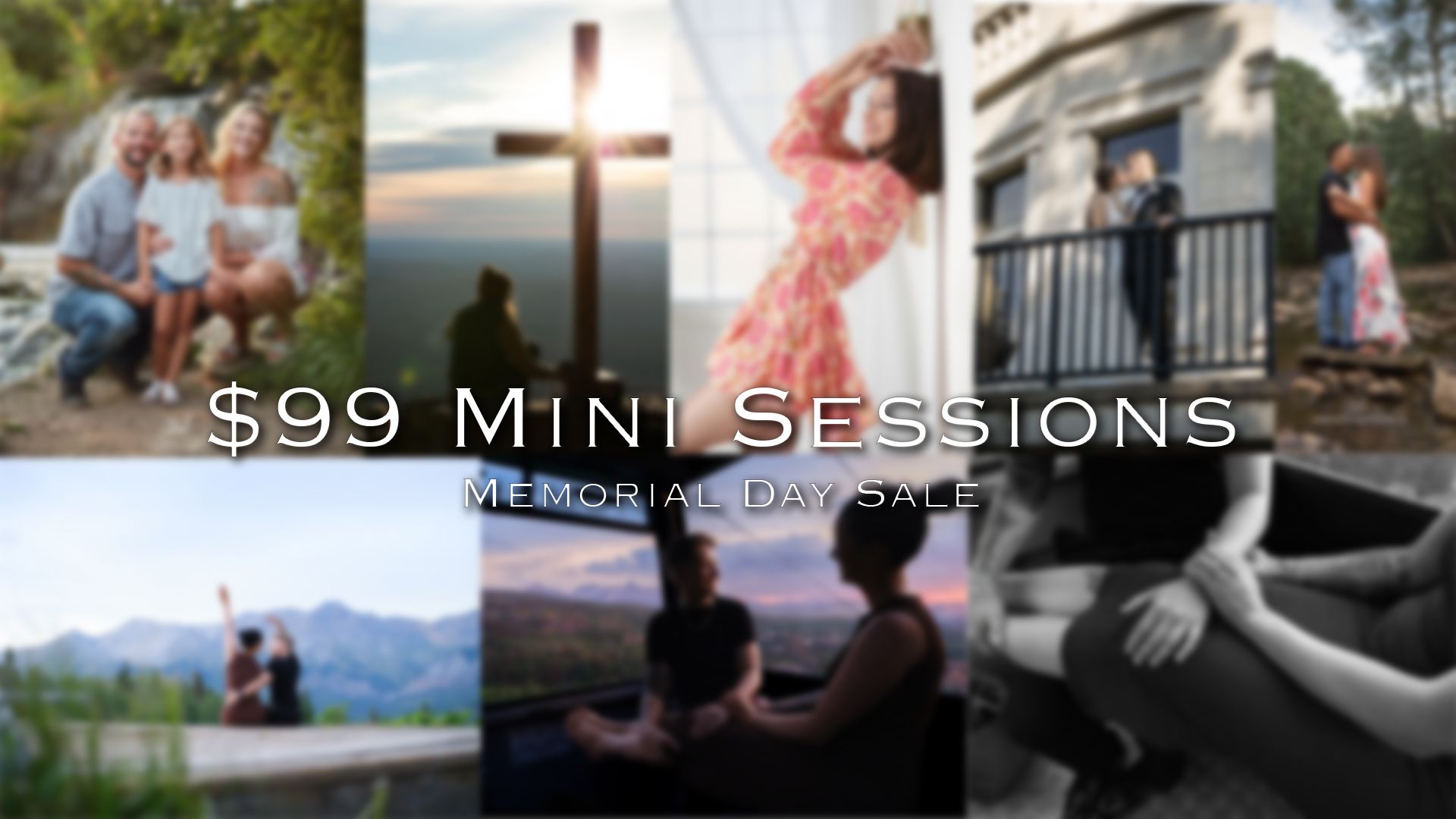 Promotional collage for $99 mini photography sessions featuring family, couple, and portrait photos in outdoor and urban settings.