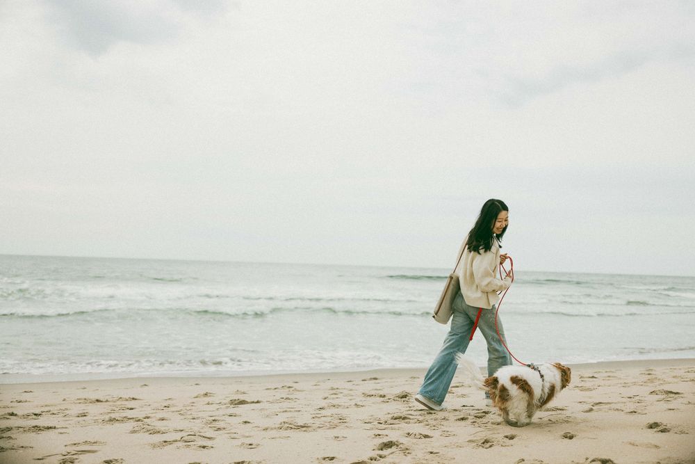 Woman walking her fluffy dog on a sandy beach with ocean waves and overcast sky in the background.