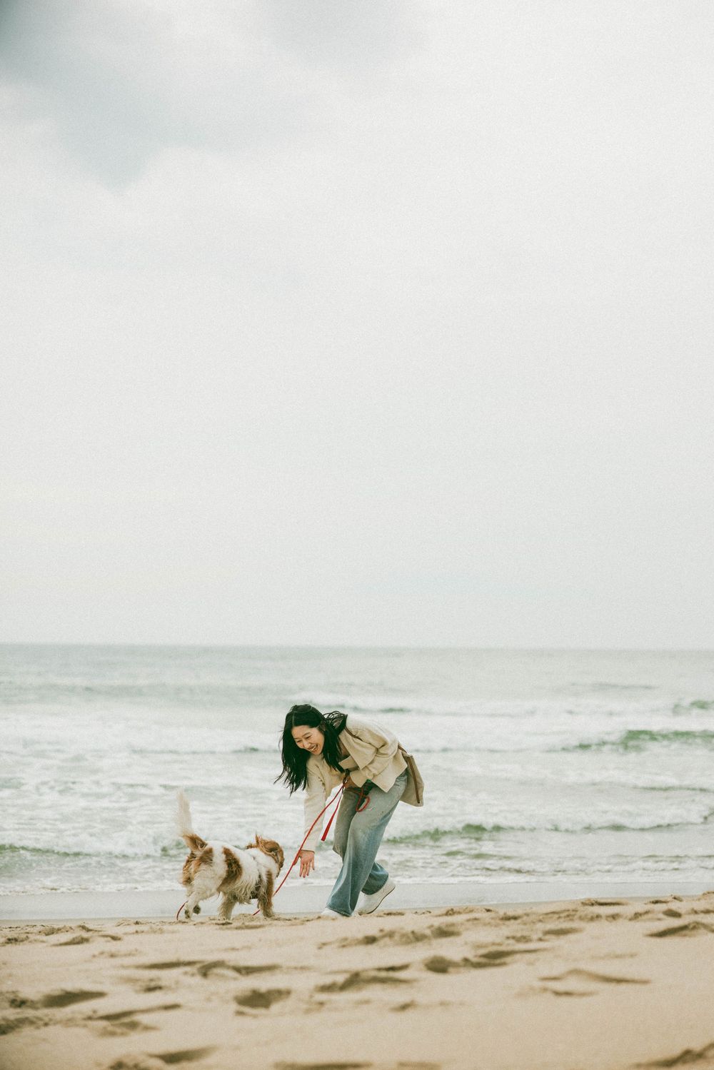 Woman in beige jacket walks her Cavalier King Charles Spaniel on a sandy beach with ocean waves in the background.