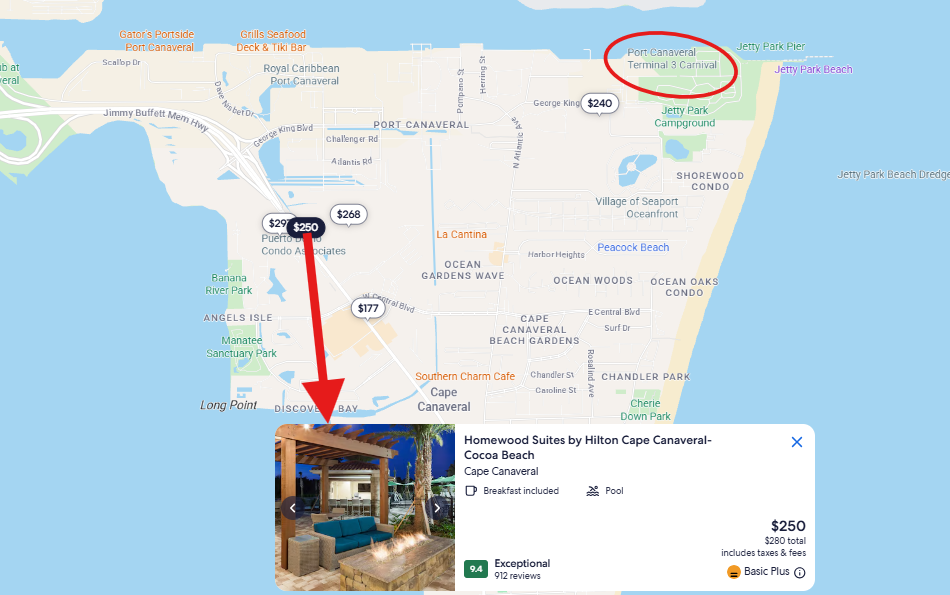 Map showing Homewood Suites by Hilton Cape Canaveral Cocoa Beach location with $250 per night rate and Exceptional reviews.