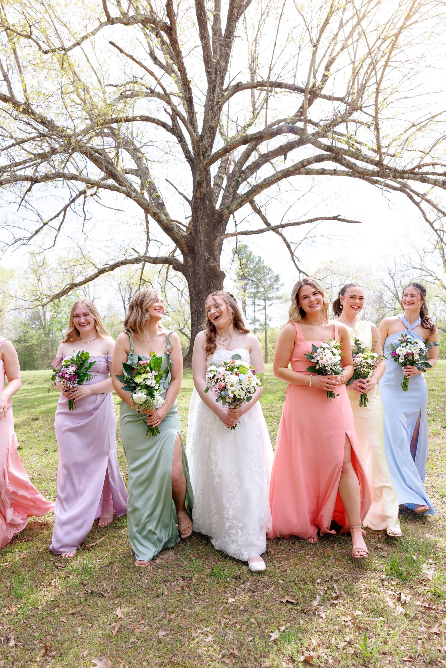 Bride in white lace gown walks with six bridesmaids in colorful pastel dresses, laughing outdoors under a bare tree.