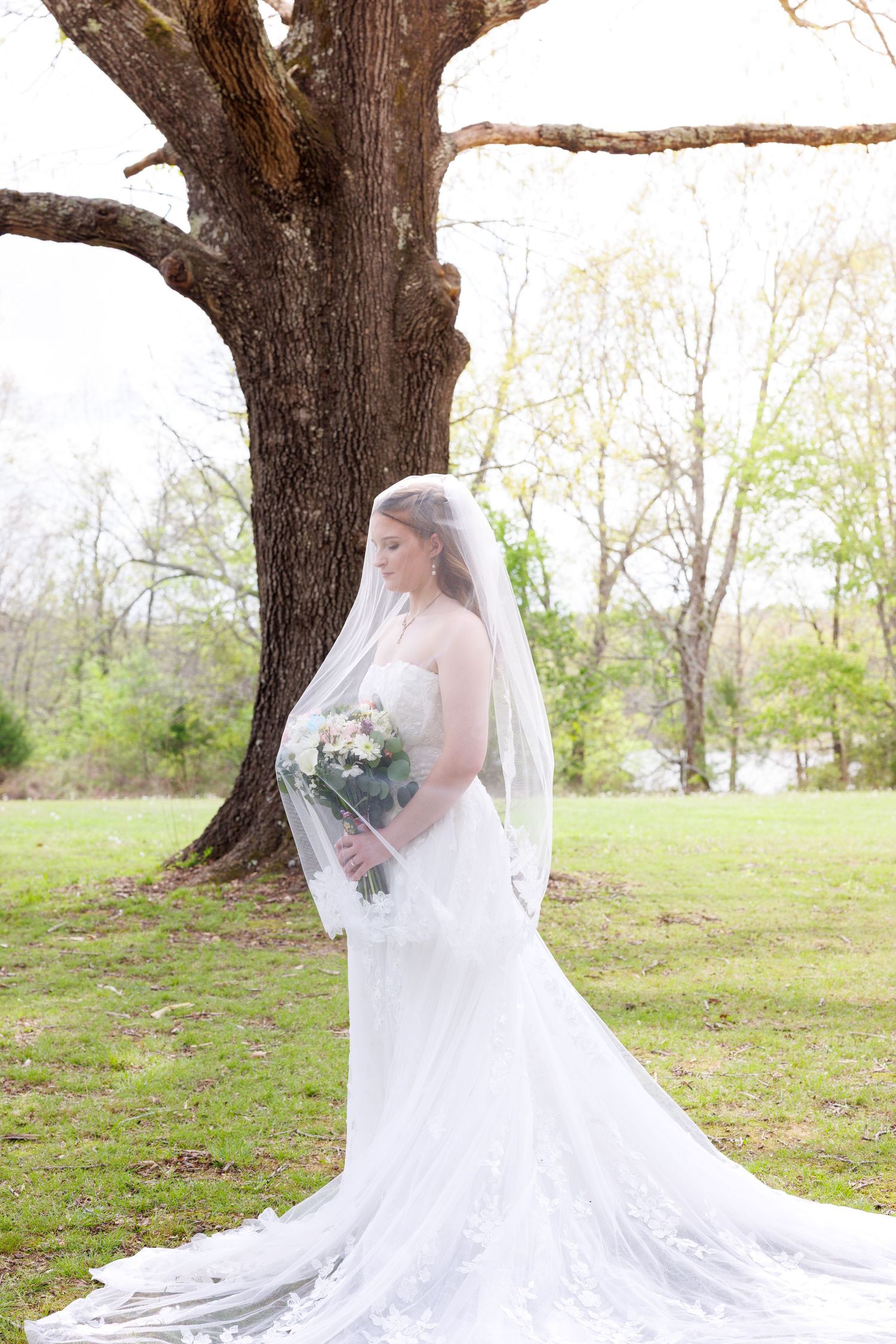 Bride in white lace gown and veil holds bouquet under large oak tree in green outdoor setting.