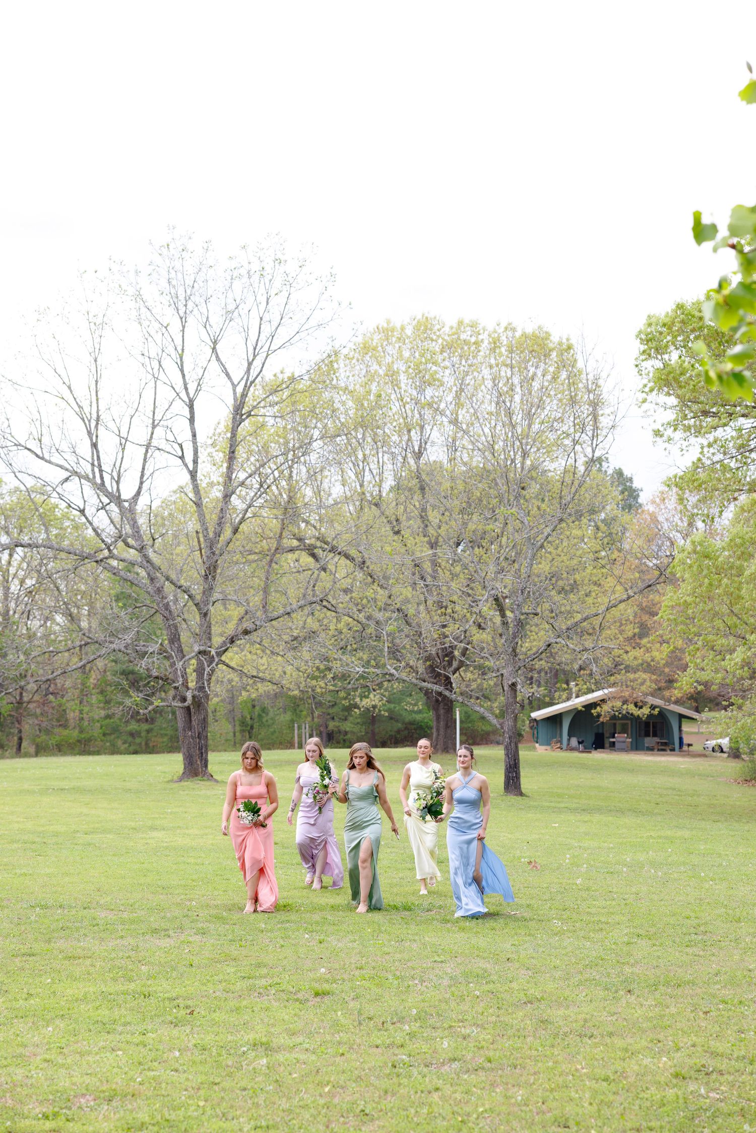 Five bridesmaids in colorful mismatched gowns walk together across a green lawn with trees in the background.