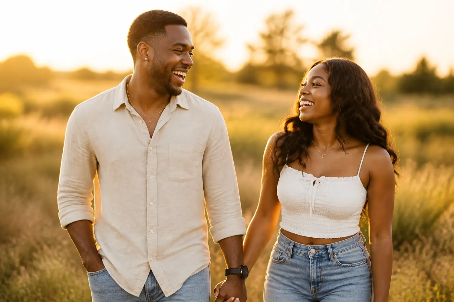 A happy Black couple holds hands and smiles at each other in a golden field during sunset.