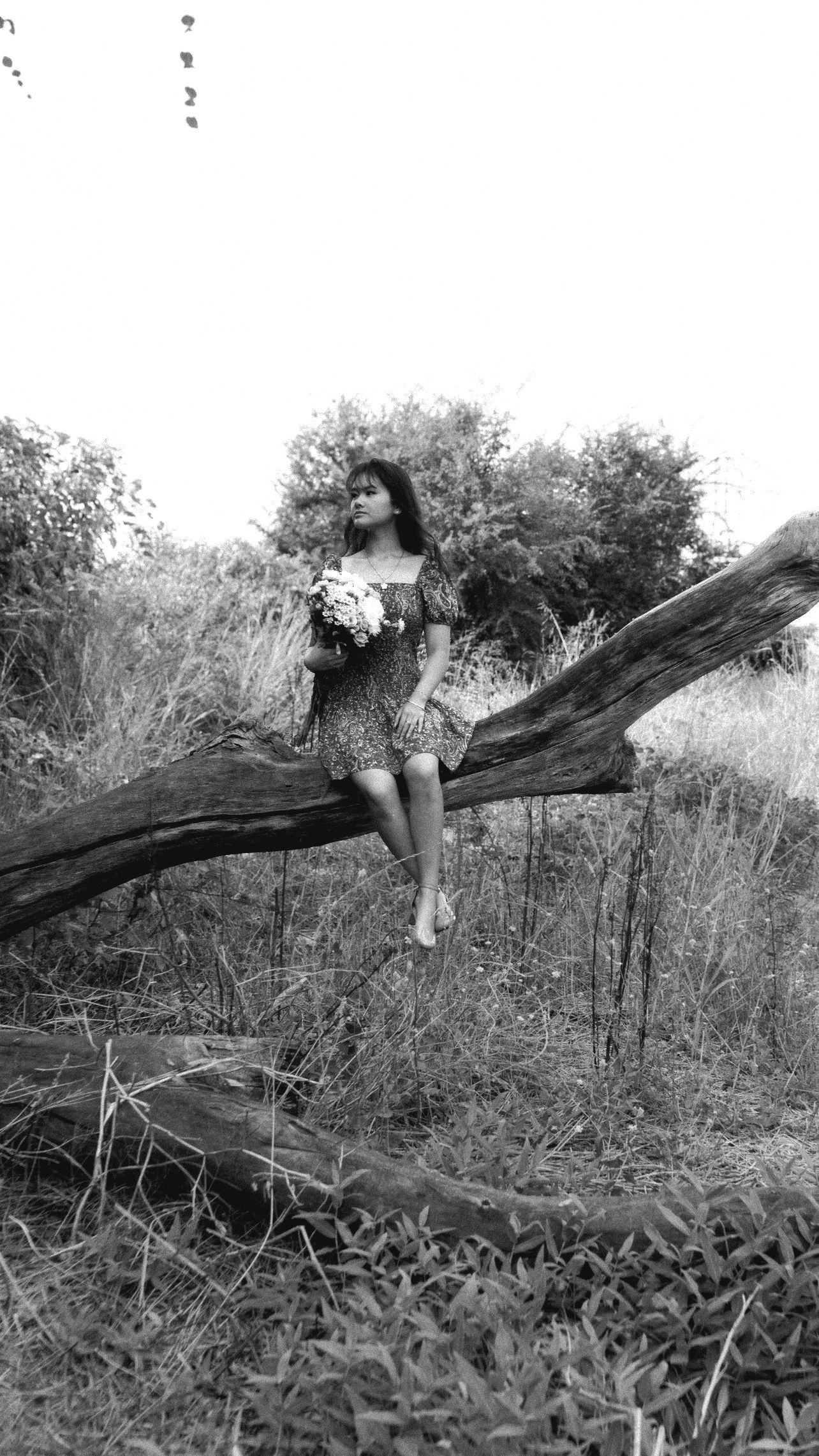 Black and white photo of a young woman in a floral dress sitting on a fallen tree trunk holding a bouquet of flowers.