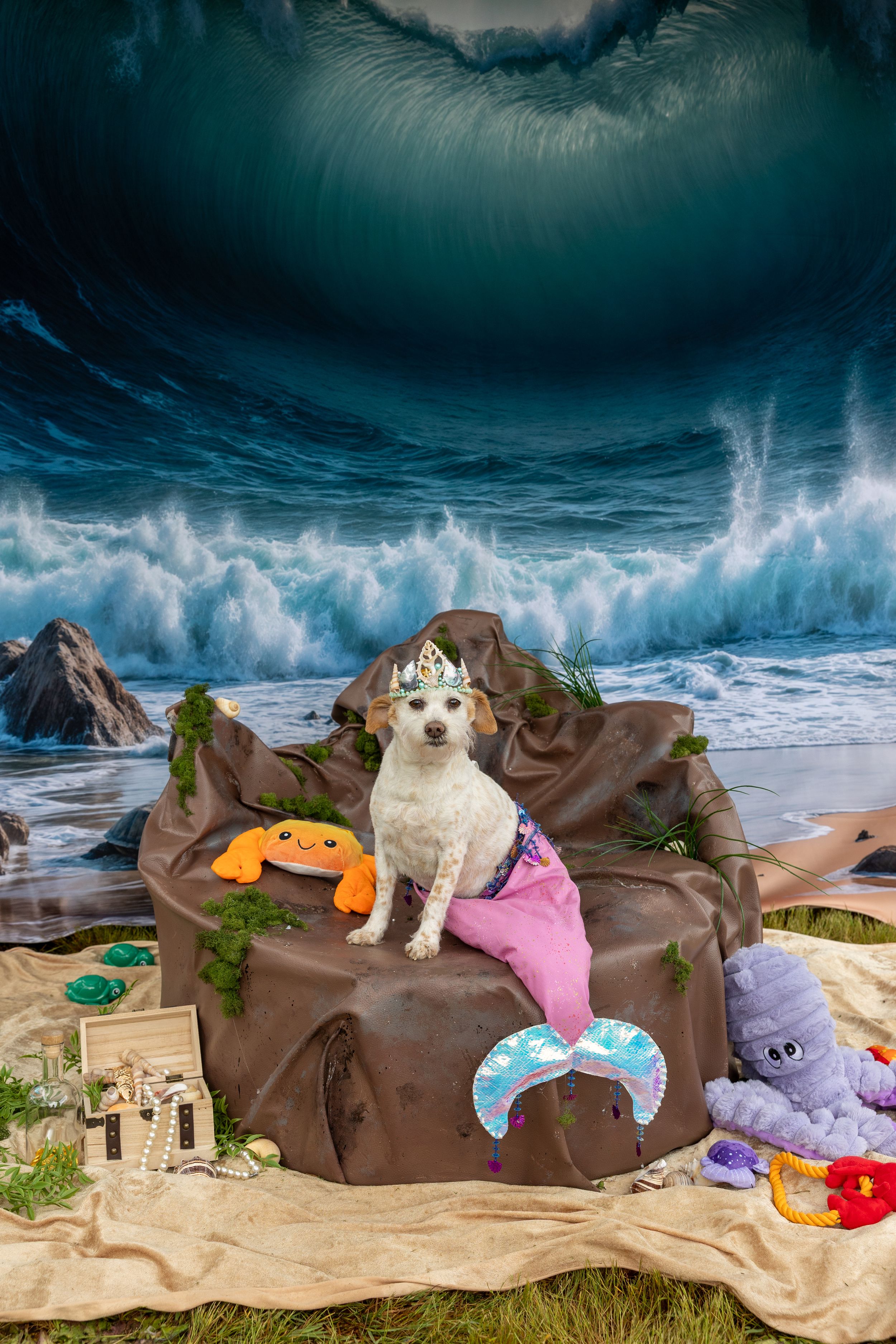 Small white dog wearing mermaid costume with beach waves and mystical sky in background.