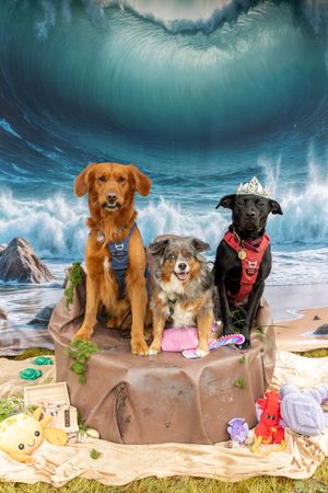 Three dogs in harnesses pose on rocky beach setting with dramatic wave backdrop.