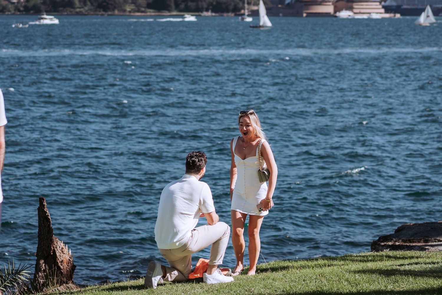 A couple shares a romantic moment on grassy waterfront with sailboats in the background on a sunny day.