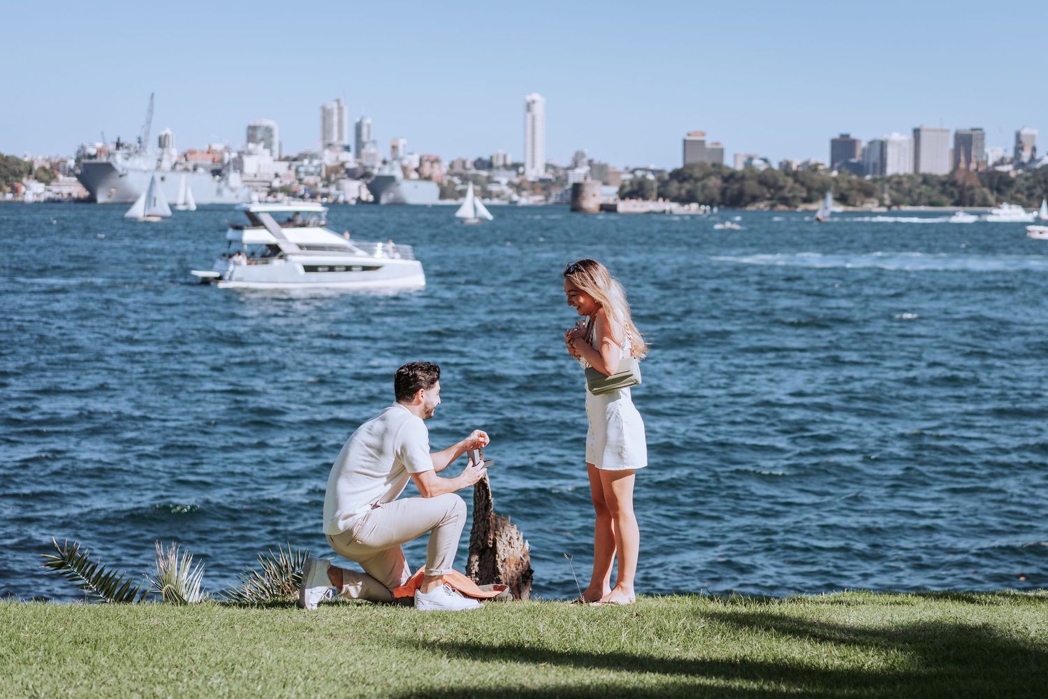 A romantic proposal scene on a grassy waterfront with boats and city skyline in the background.