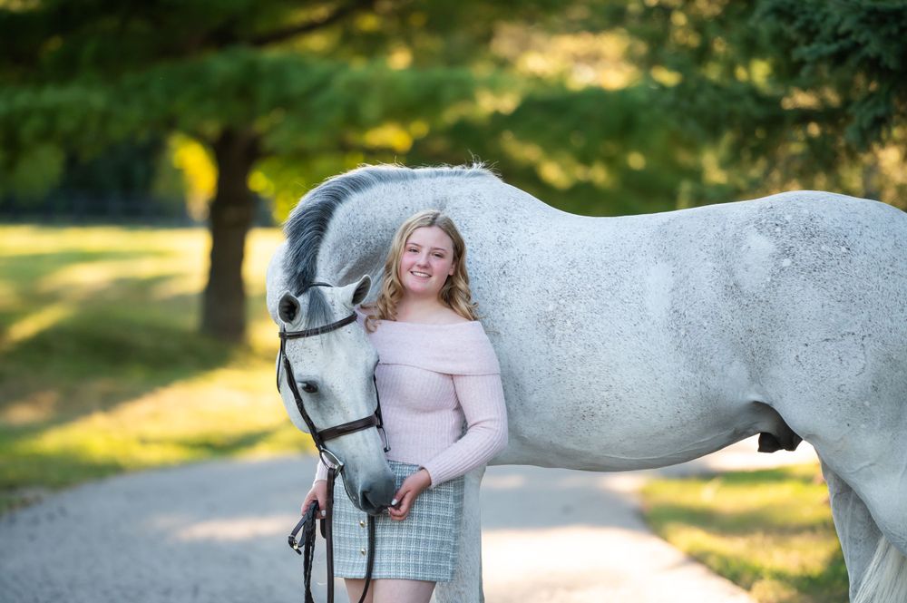 A stunning gray horse standing outdoors with sunlit trees in the background while someone poses alongside it.