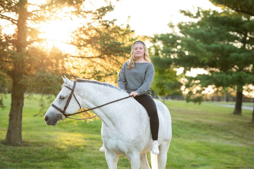 A rider sits atop a white horse in a sunlit field with pine trees during golden hour sunset.