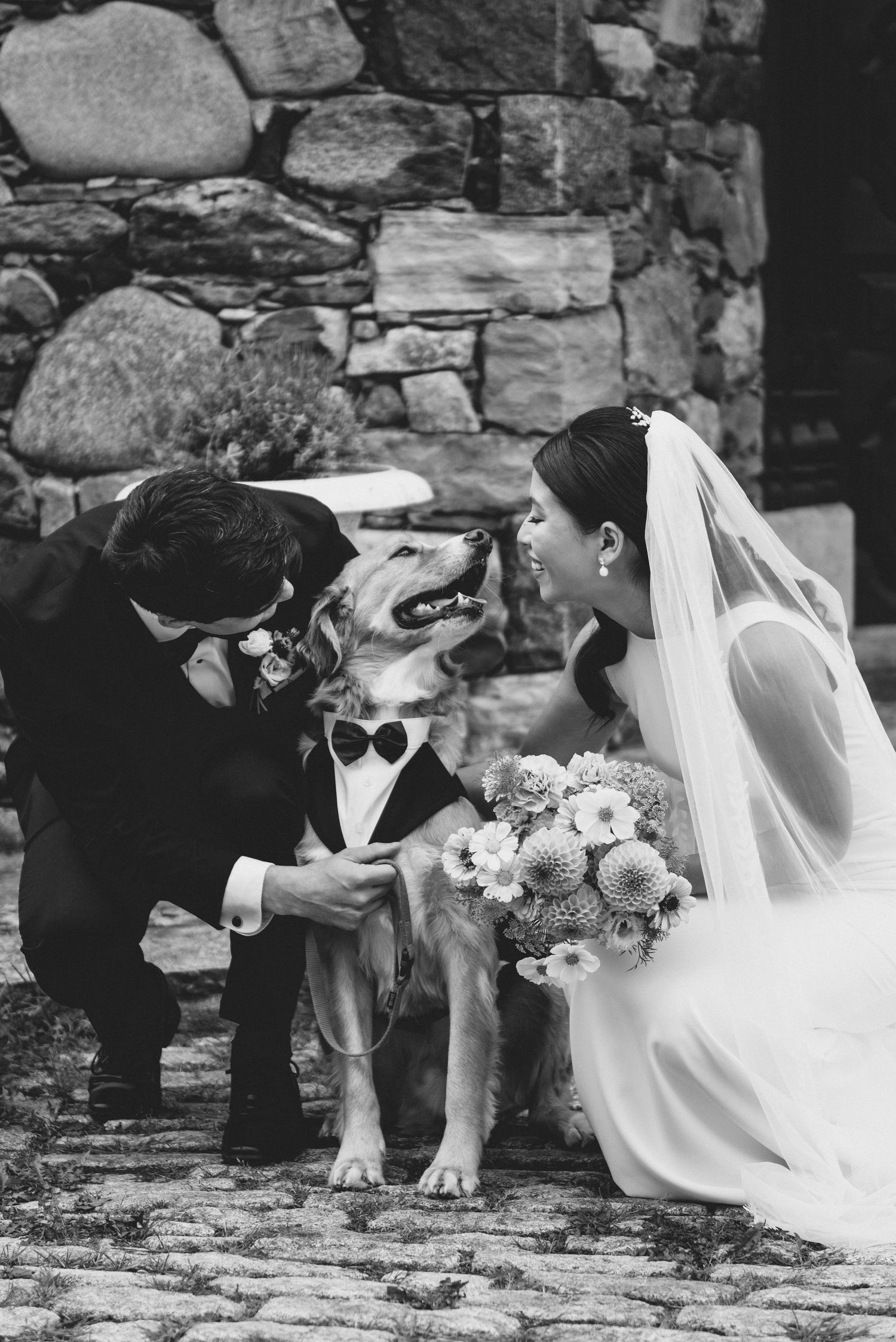 A happy dog wearing a bowtie poses with bridal couple against stone wall during wedding photo session.