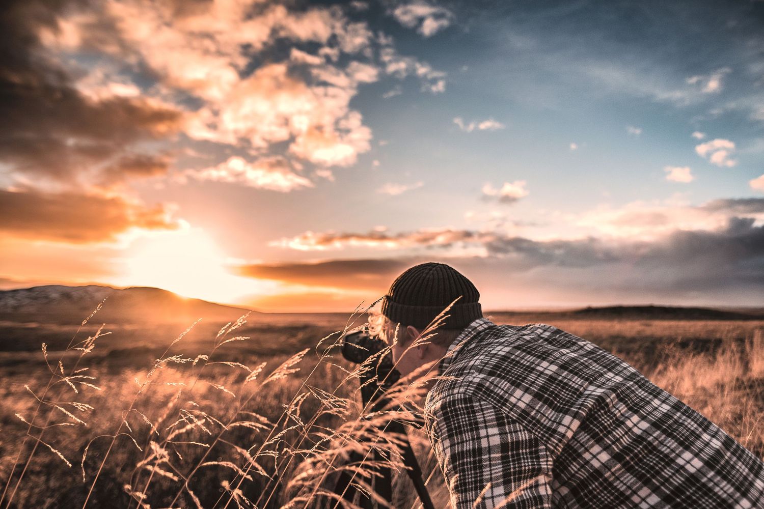 Person in plaid shirt crouches in golden wheat field during dramatic sunset with clouds.