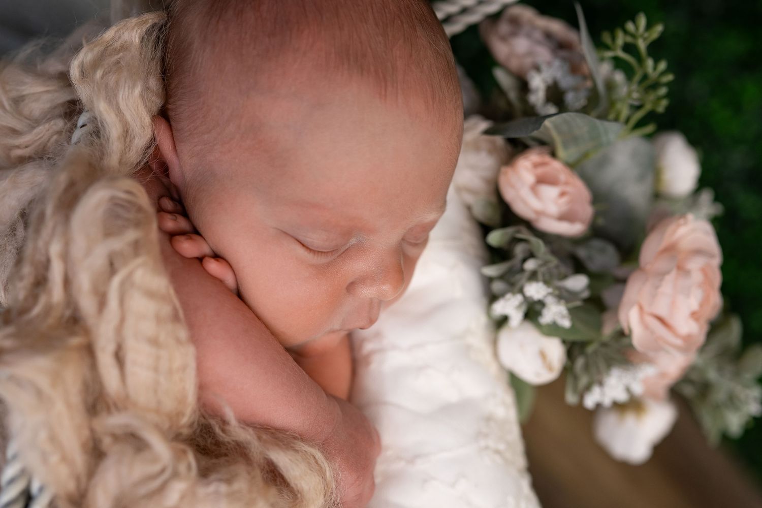 Peaceful sleeping newborn nestled in soft white blankets with delicate pink roses and greenery in the background.