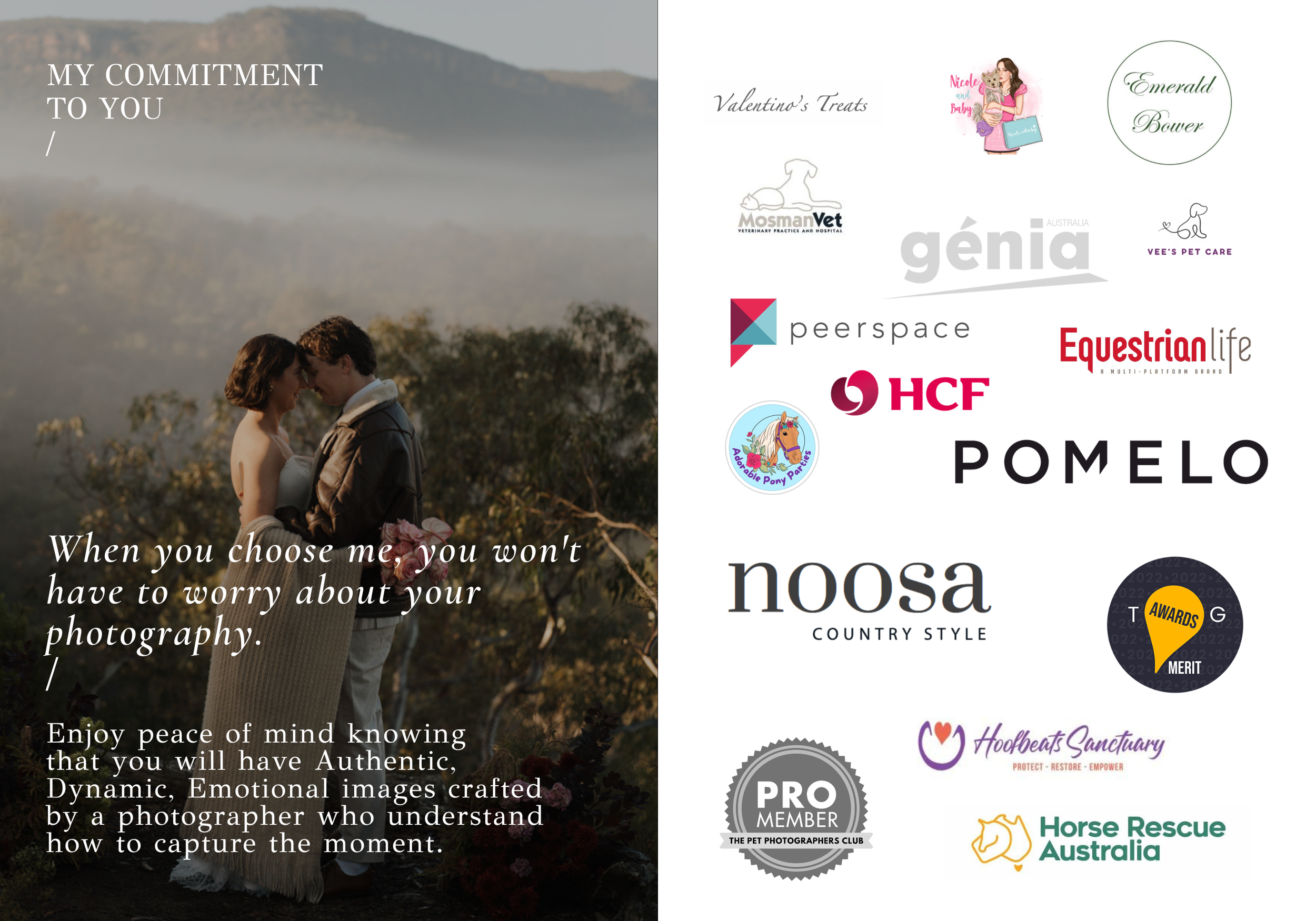 Photography business page showing brand partnerships and company logos on dark background.