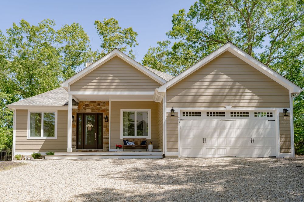 A series of exterior views showing a modern beige ranch-style home with attached garage and landscaped yard.