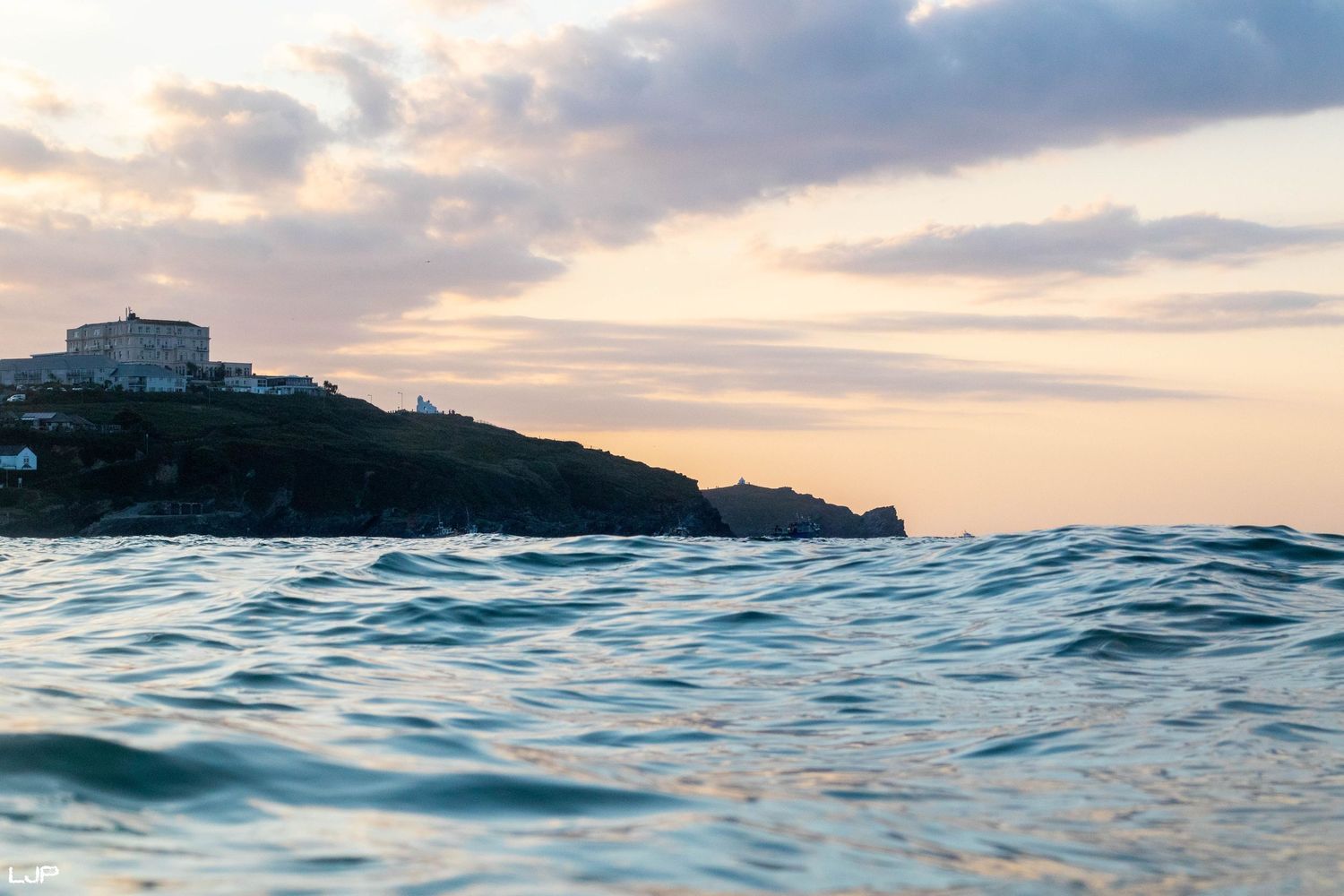 Newquay skyline from in the water at Great Western beach