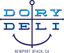 A blue anchor logo design for Dory Deli restaurant in Newport Beach, California with stylized text and nautical theme.