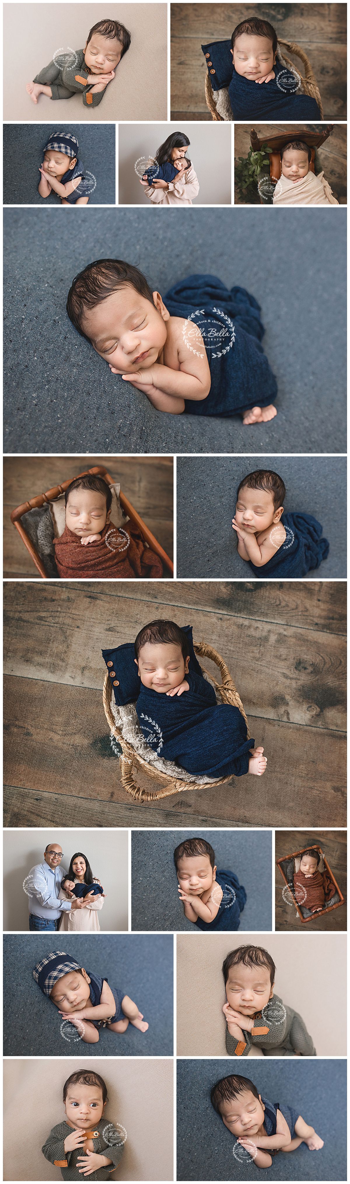 A collection of professional newborn photography portraits featuring a baby in navy blue wraps on grey and wooden backgrounds.