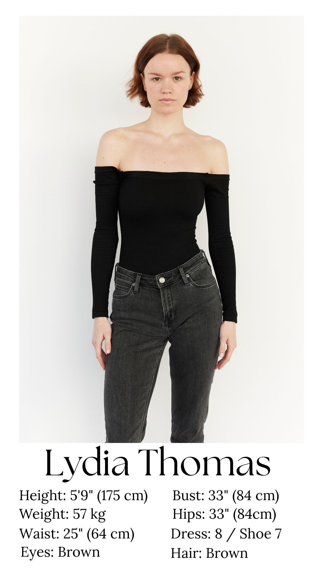 Model in black off-shoulder top and dark jeans poses for fashion portfolio composite card against white background.