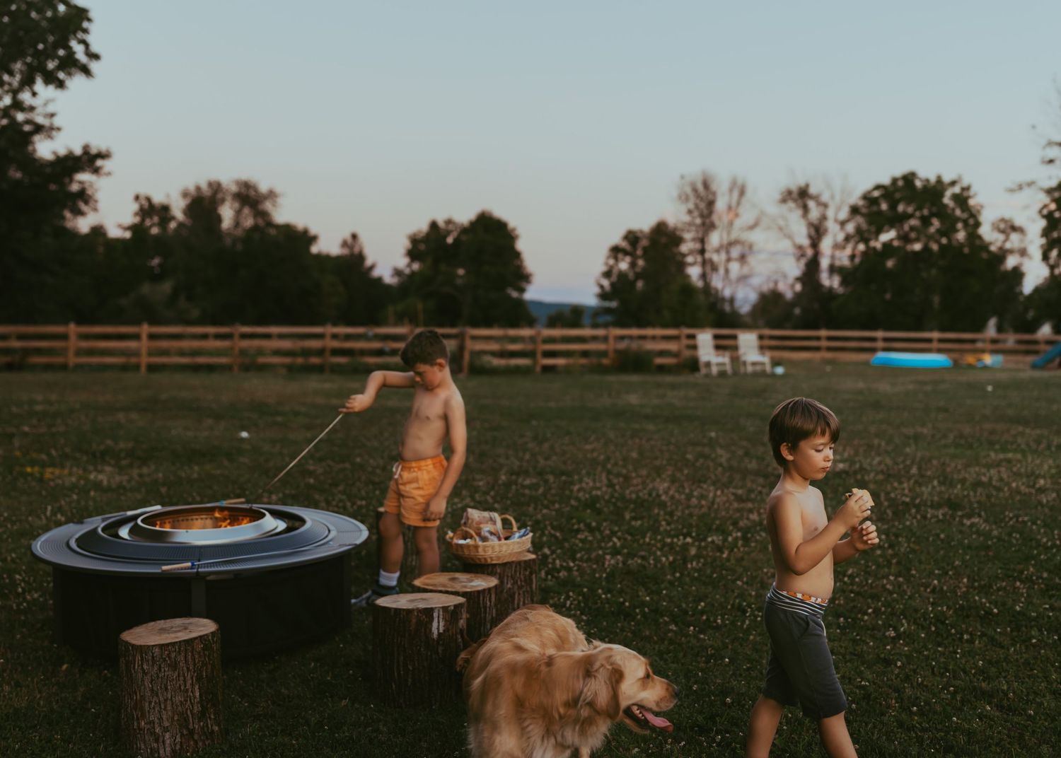 Children playing in a backyard at dusk with a kiddie pool and dog on a warm summer evening.