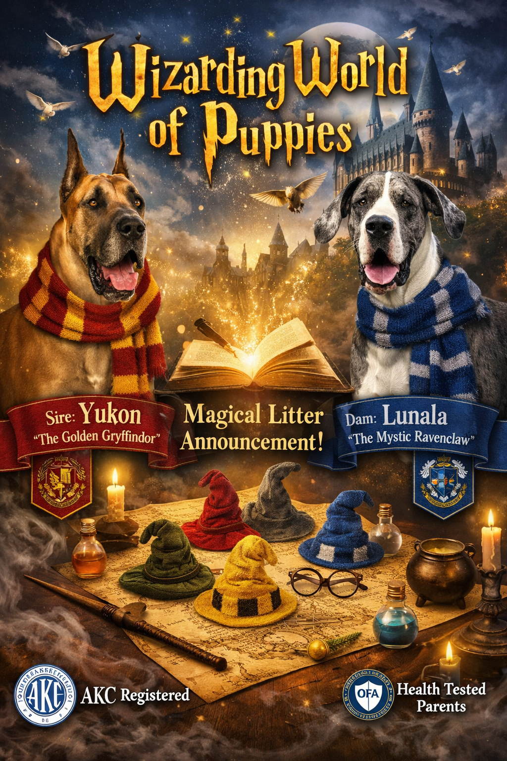 Harry Potter themed dog breeding announcement featuring two dogs in house scarves with magical props and castle backdrop.