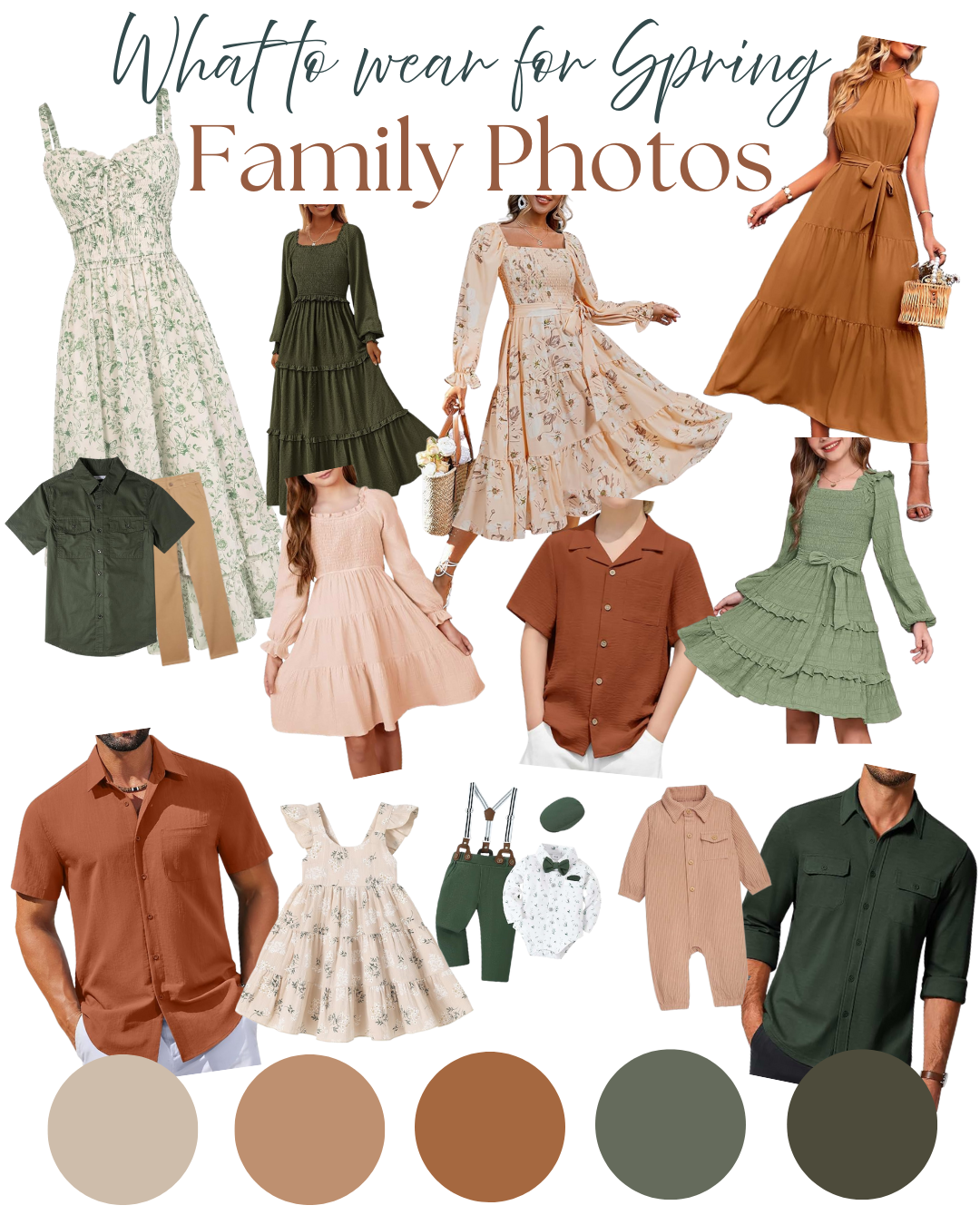 Fashion mood board showing spring outfits in earth tones with dresses, blouses and color palette swatches in green and brown.