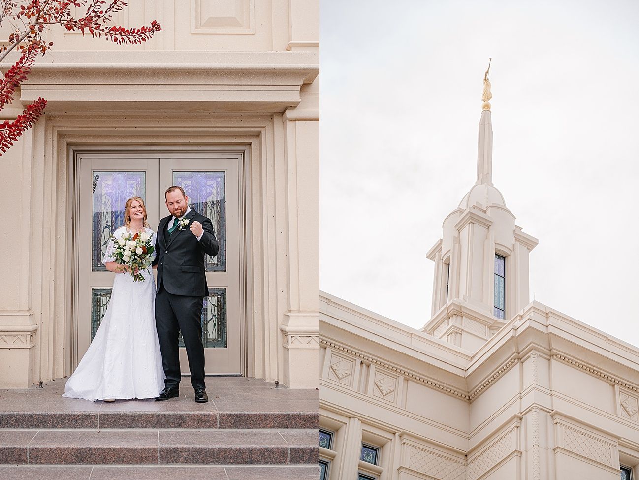 A collage of wedding photos featuring elegant church architecture and formal attire against beige stone walls.