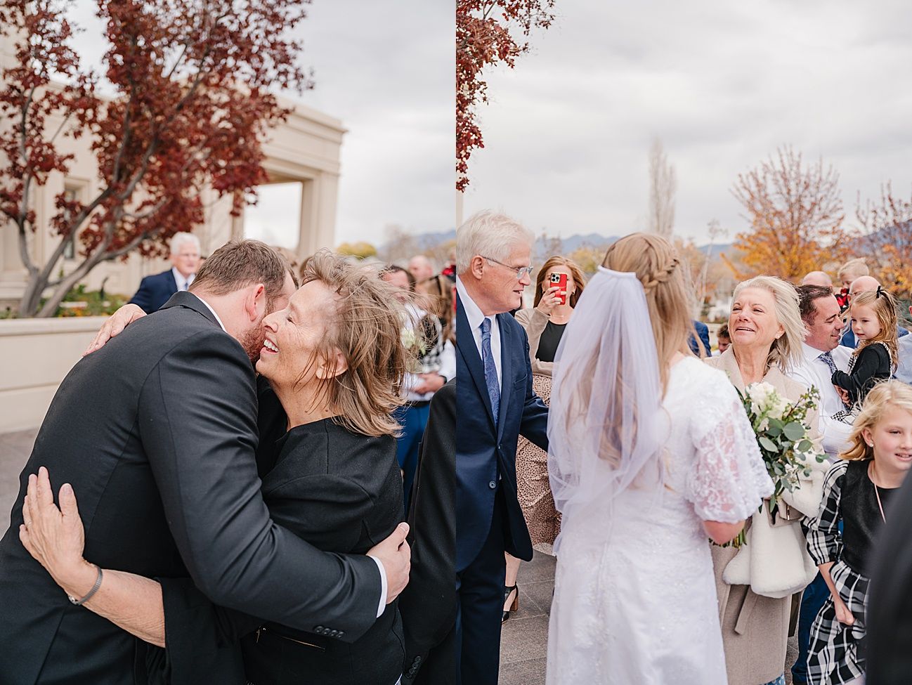 Wedding celebration candid moments showing guests and wedding party interacting and embracing outdoors.