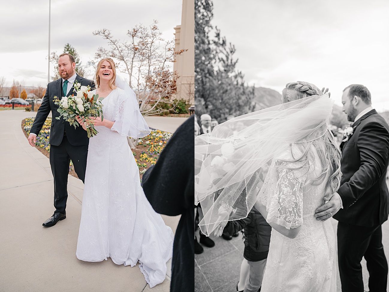 A romantic wedding photo sequence shows the wind blowing the bride's veil while the couple embraces outdoors.