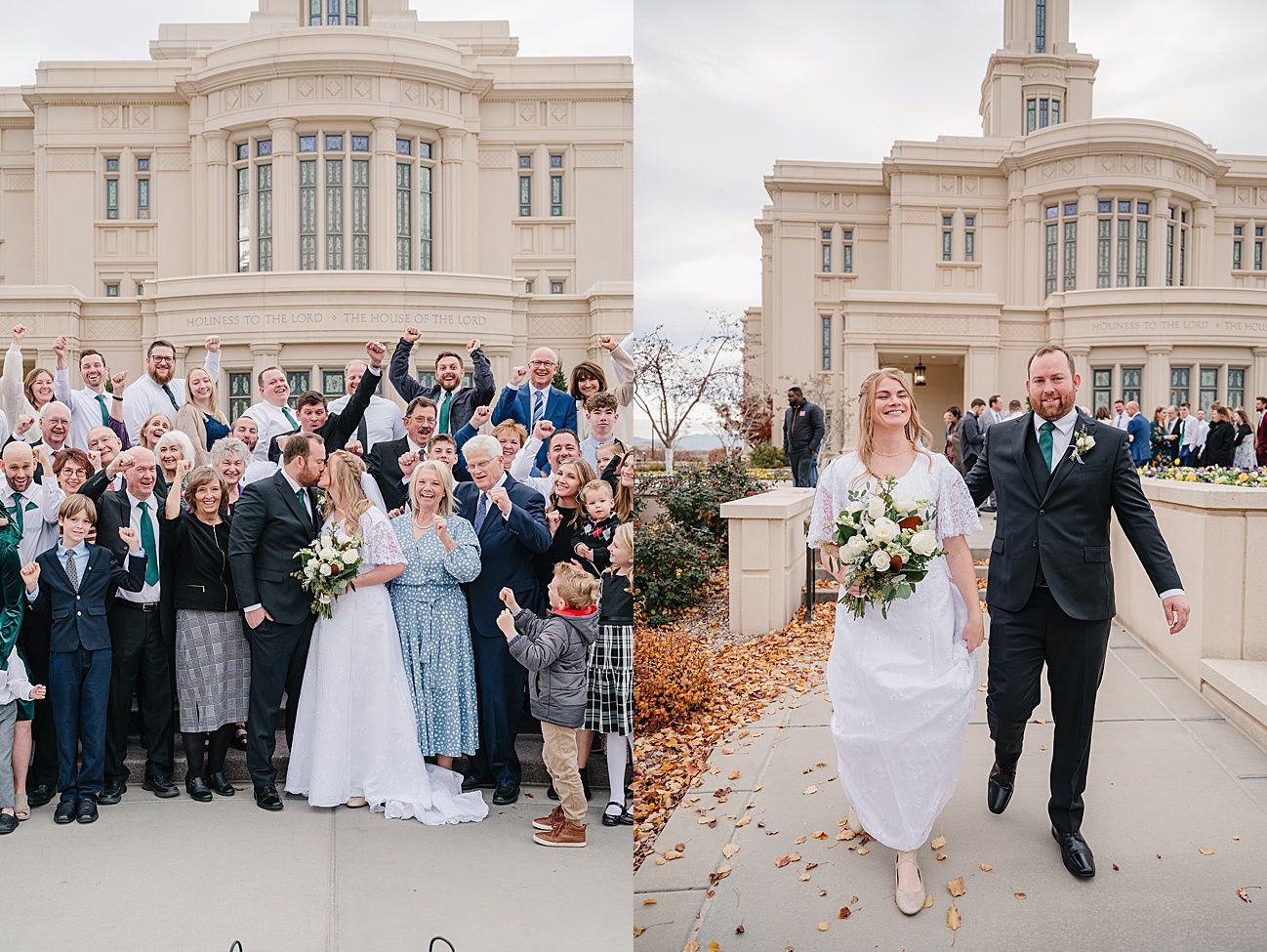 Wedding guests throw autumn leaves at a couple walking outside a grand historic building during their celebration.