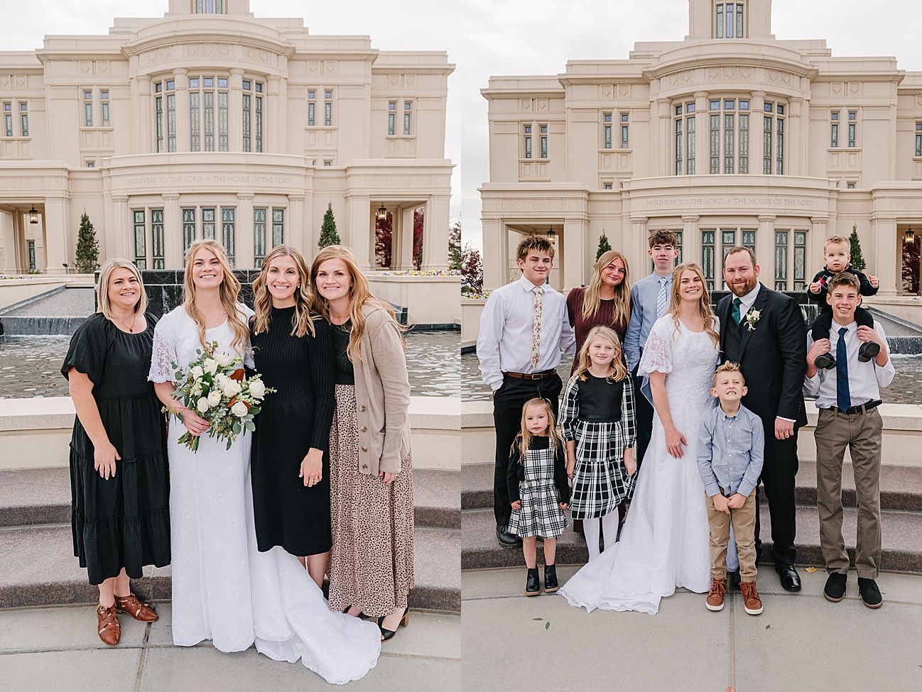 Wedding party members pose in front of a grand historic building with elegant architecture.