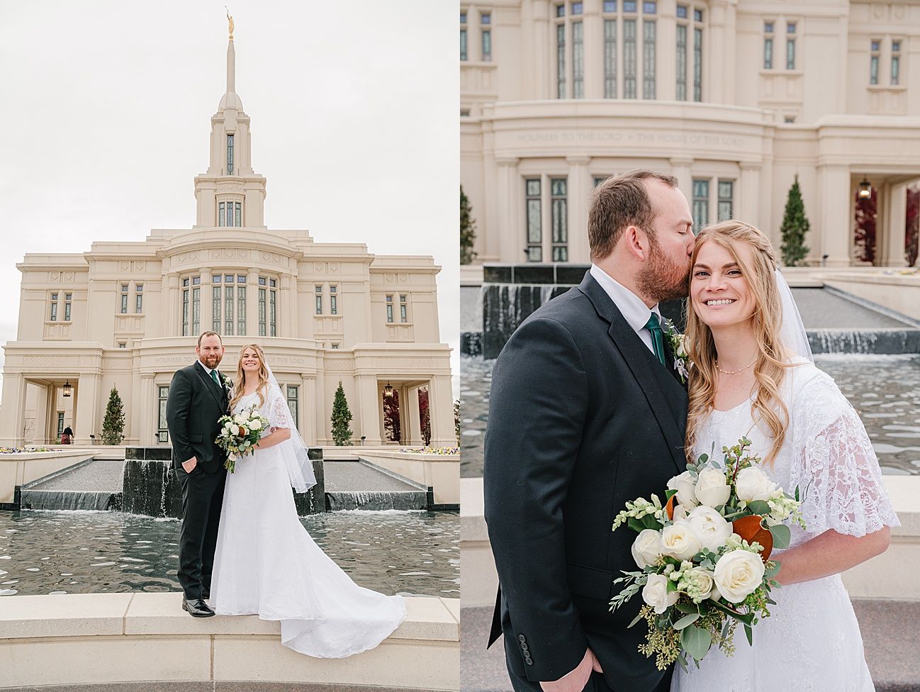 A wedding couple poses together in front of a beautiful white temple building with a spire.