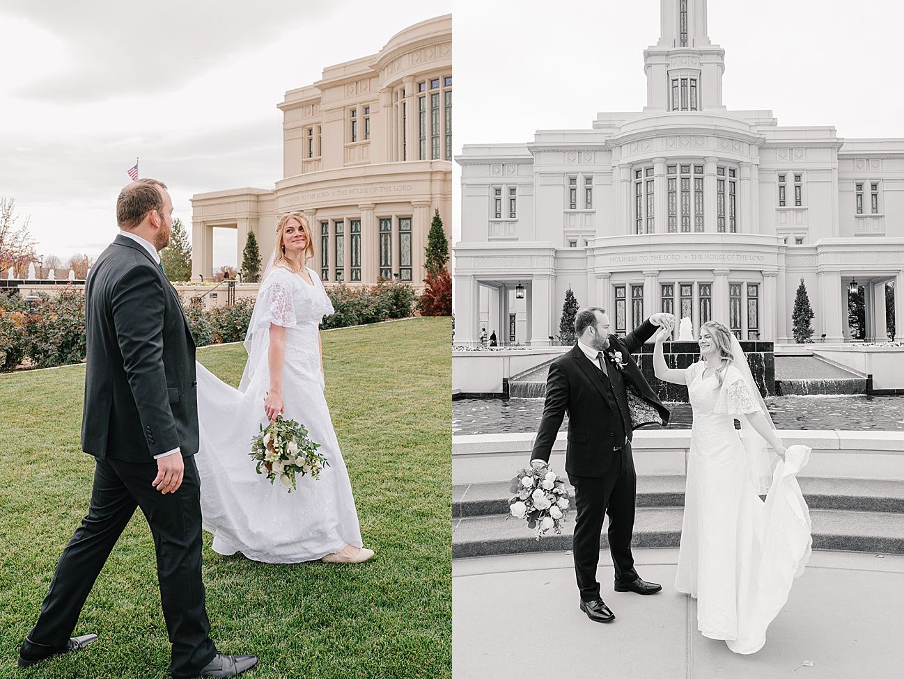 Wedding couple and wedding party pose together in front of elegant white church building.
