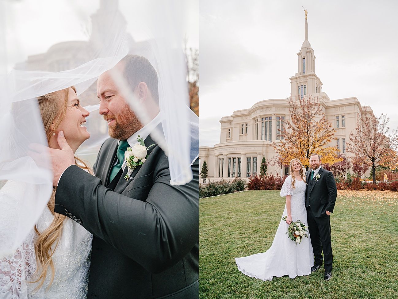 Romantic wedding photography series showing tender moments between newlyweds outside a majestic temple building.