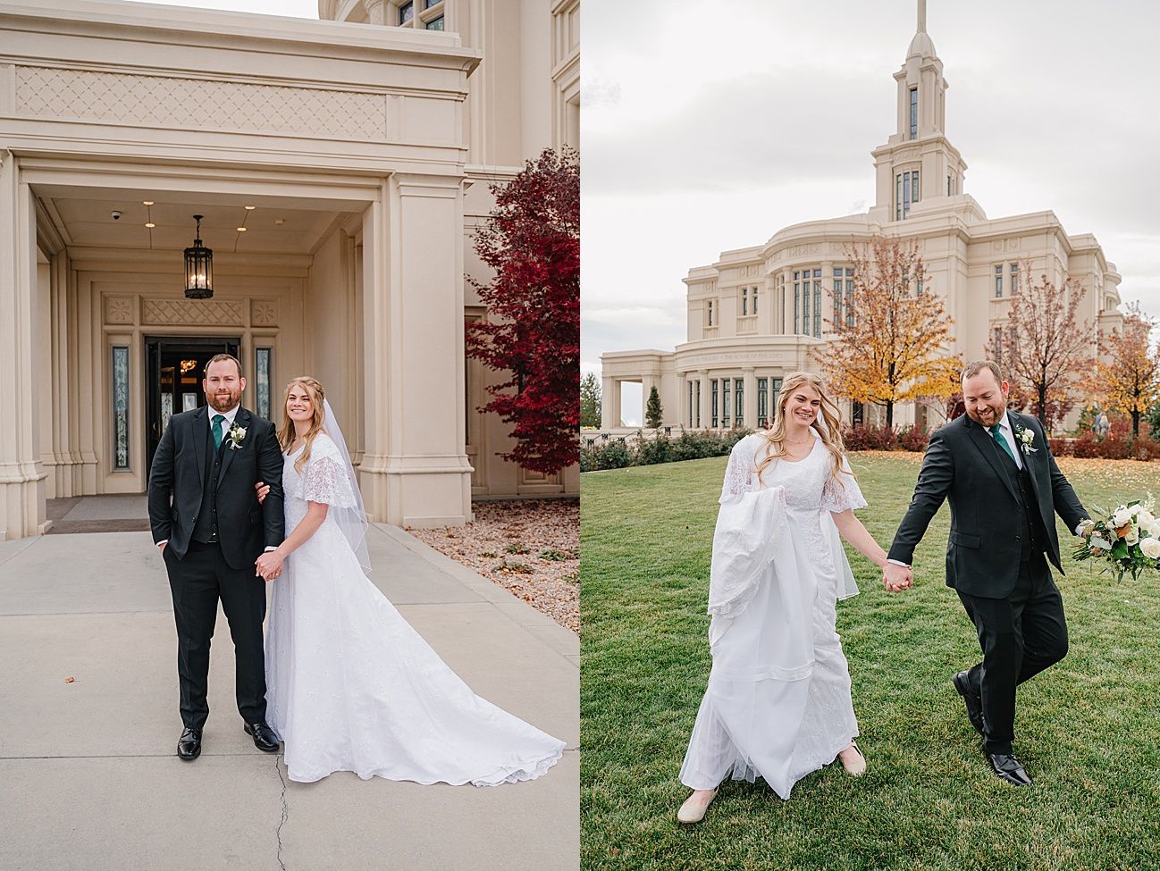 Wedding couple poses in various romantic shots outside a grand temple building on a cloudy autumn day.