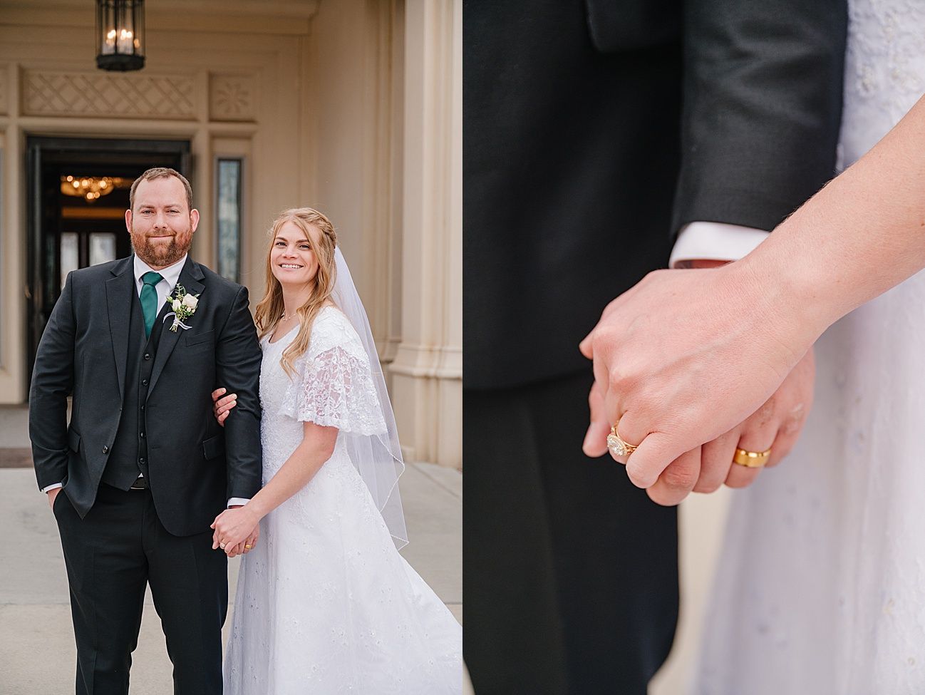 A couple on their wedding day showing close up details of rings and formal attire.