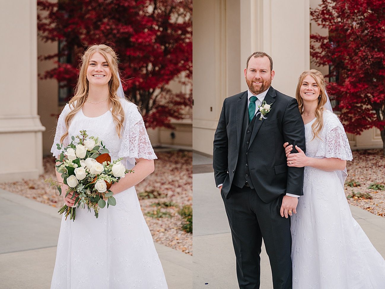 A couple in wedding attire poses for photos in front of a building with vibrant red autumn foliage.