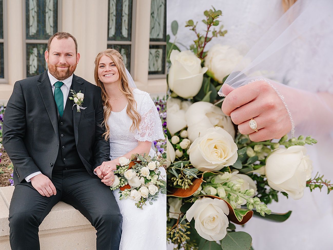 White and cream floral bouquet with roses and greenery against formal wedding attire.